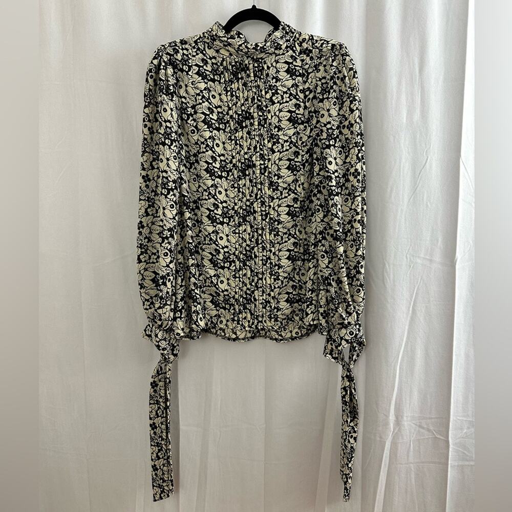 Topshop Black & Cream Floral Long Sleeve Balloon Sleeve Blouse Womens Size 12